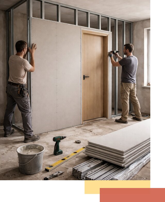 Перегородка из гипсокартона с дверью под ключ в Нальчике