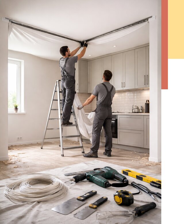 Установка натяжного потолка на кухне в Нальчике от 2487 руб. | ОТДЕЛОЧНИК-Нль