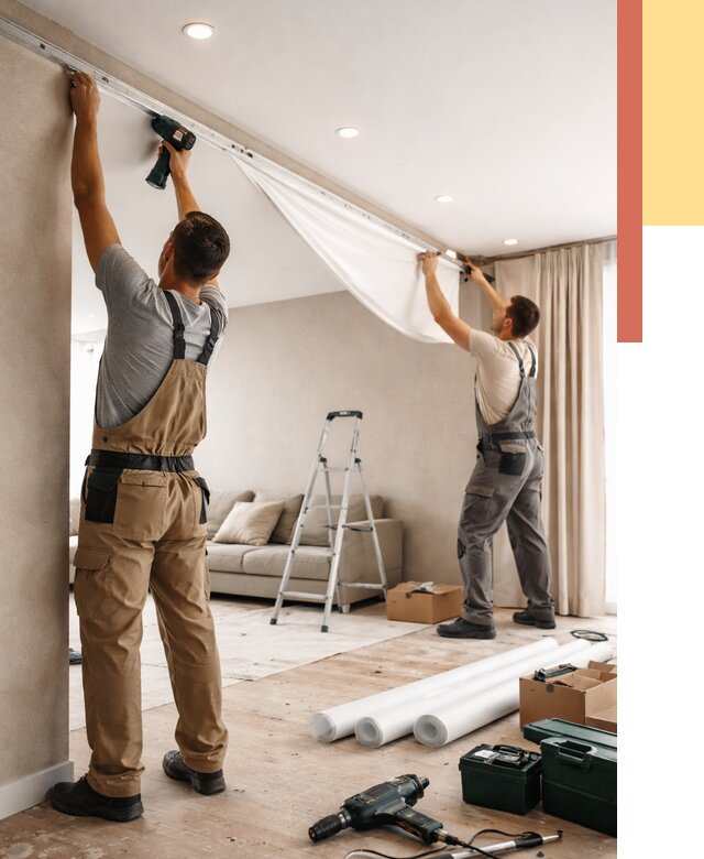 Монтаж натяжного потолка в гостиной в Нальчике от 570 руб. | ОТДЕЛОЧНИК-Нль