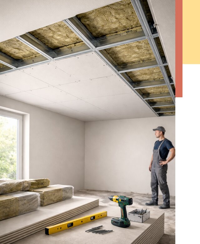 Звукоизоляция потолка ГКЛ в Нальчике от 984 руб. — монтаж под ключ | ОТДЕЛОЧНИК-Нль