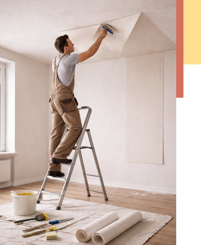 Поклейка обоев на потолок в Нальчике от 4663 руб. быстро и недорого | ОТДЕЛОЧНИК-Нль